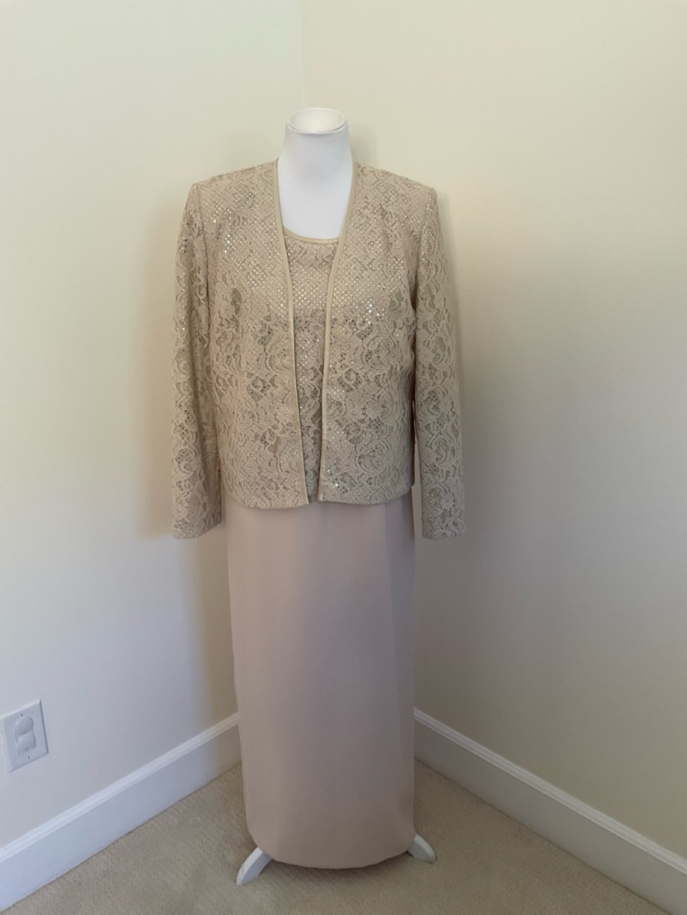 R&M Richard’s By Karen Kwong Formal Beige Lace Maxi Dress Set With Jacket
